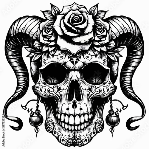 Skull with Horns: A striking black and white illustration of a skull adorned with intricate floral elements and formidable horns, conveying an atmosphere of mysterious elegance and artistic allure.