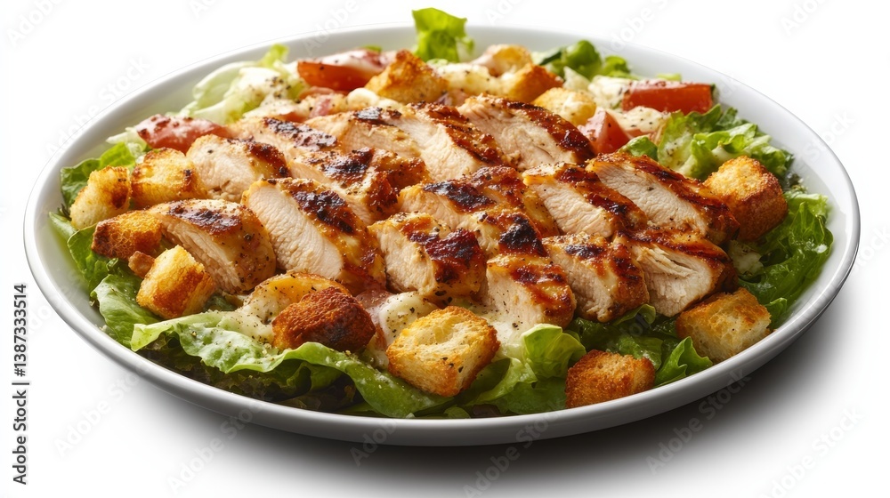 A grilled chicken Caesar salad with crispy croutons and parmesan. Featuring freshness and flavor A grilled chicken Caesar salad with crispy croutons and parmesan. Featuring freshness and flavor