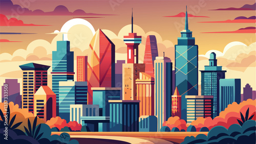 Vibrant vector illustration of a modern city skyline at sunset with colorful clouds and prominent architectural features
