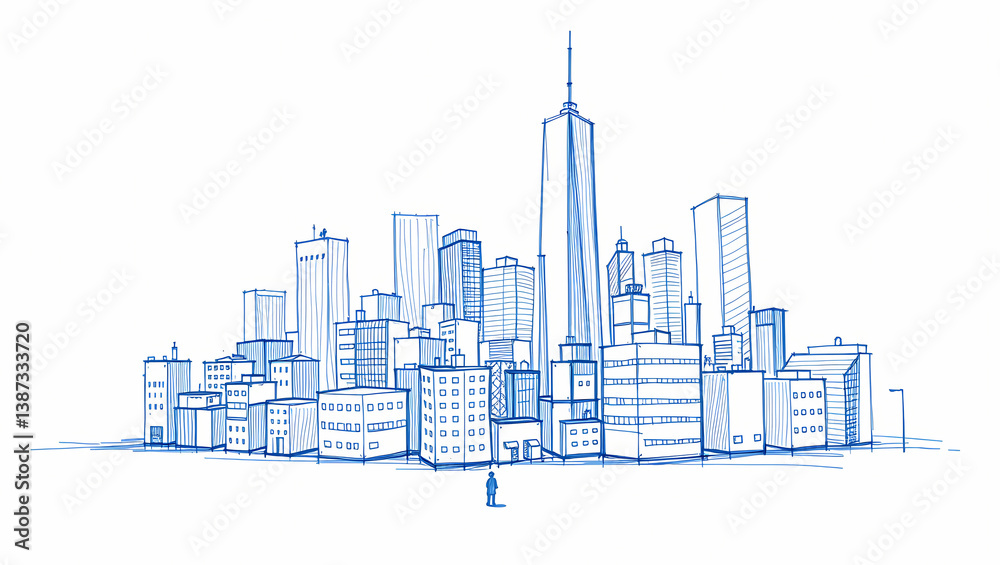 Obraz premium A blue sketch of a cityscape with various buildings and a tiny figure standing below.