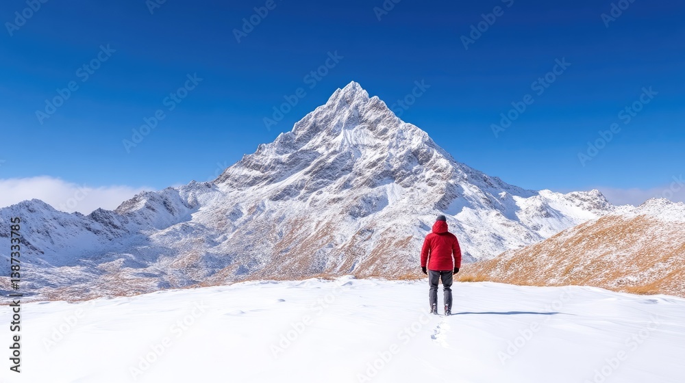 A person in a red jacket stands on a snow-covered mountain. The majestic, snow-capped peak dominates the background. The image is high-resolution, with sharp details and vibrant colors. The style is A person in a red jacket stands on a snow-covered mountain. The majestic, snow-capped peak dominates the background. The image is high-resolution, with sharp details and vibrant colors. The style is