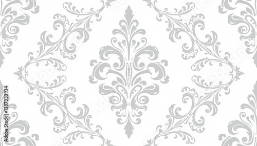 Subtle grey damask pattern on white, featuring scrolling acanthus leaves , seamless, motif, interior