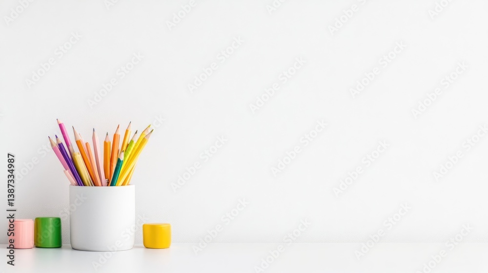 Obraz premium Colorful pencils arranged in a white cup on a minimalist white desk, with pastel-colored rolls of tape, and clean and simple composition.