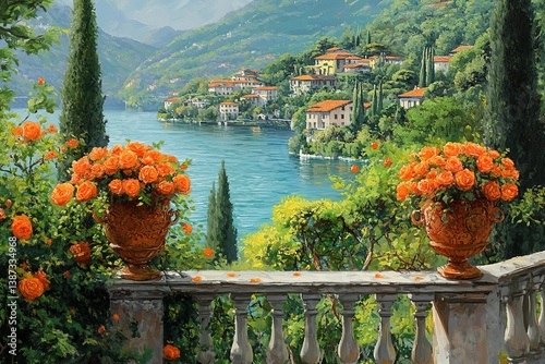 Italian Villa Landscape Painting, Lake Como View, Orange Roses on Balcony, Tranquil Art
