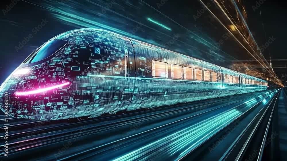 Futuristic high-speed train concept speeding through a digital urban tunnel network