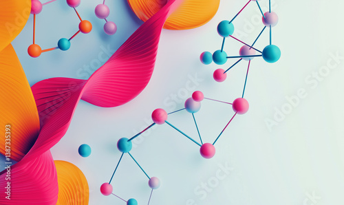 Obraz na płótnie Abstract colorful molecular structure with vibrant shapes and spheres against a soft gradient background. w salonie