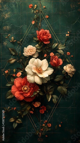 White, Red & Pink Roses Mobile Wallpaper – Stunning Floral Arrangement with Leaves & Vines on Deep Green Background | HD Vertical Phone Background

