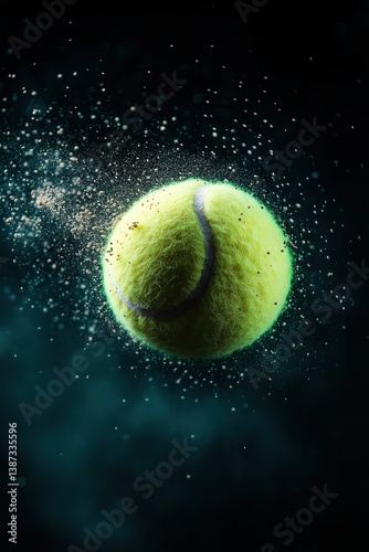 Dynamic tennis ball captured in motion, showcasing energy and texture against a dark background