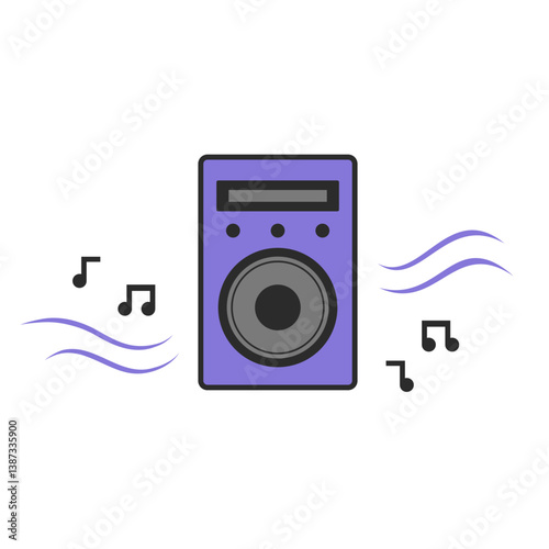Bright purple speaker playing music with notes around it