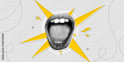 Trendy Halftone Collage Screaming Mouth with lightnings. Female lips. Announcement news. Loud scream. Elections and voting modern surreal. Contemporary vector illustration art