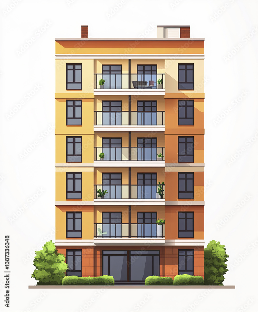 Naklejka premium modern multi story apartment building with balconies and greenery