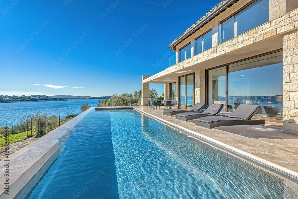 Fototapeta premium Infinity Pool Villa by Ocean with Loungers and Clear Blue Sky on Sunny Day