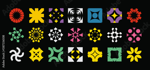 Set of multicolor colorful abstract radial icons – geometric circular symbol collection on dark background.