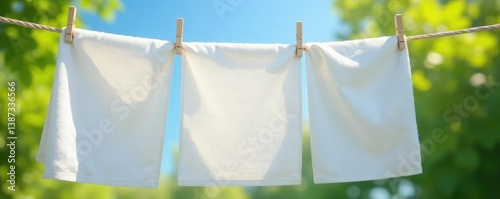 Freshly laundered white terry towel hanging on a clothesline, linen, clothesline
