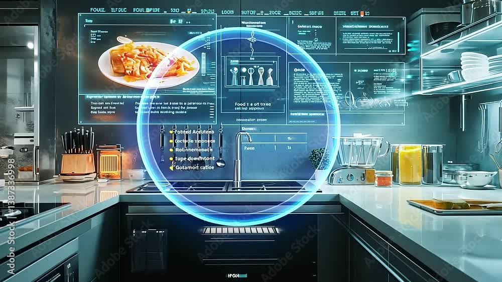 Modern kitchen with holographic display showcasing recipes