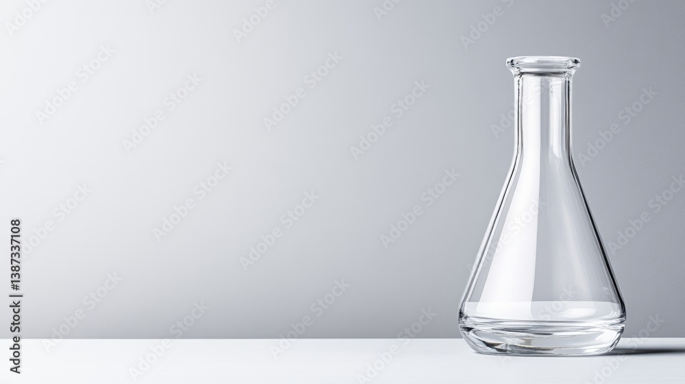 A clear empty laboratory flask standing on a white surface with a smooth grey background, minimalist composition, and scientific research concept. A clear empty laboratory flask standing on a white surface with a smooth grey background, minimalist composition, and scientific research concept.