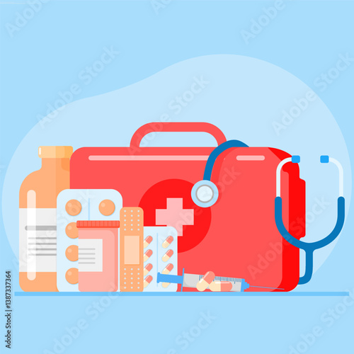 Drug collection concept, for pharmacy. Drug icon collection. Flat style illustration. Website landing page graphic. EPS 2