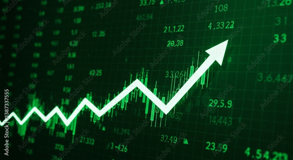 Naklejka premium A digital illustration of a stock market growth or cryptocurrency growth. green-themed financial chart with candlestick patterns and line graph going up sharply. Red background grid, upward arrows