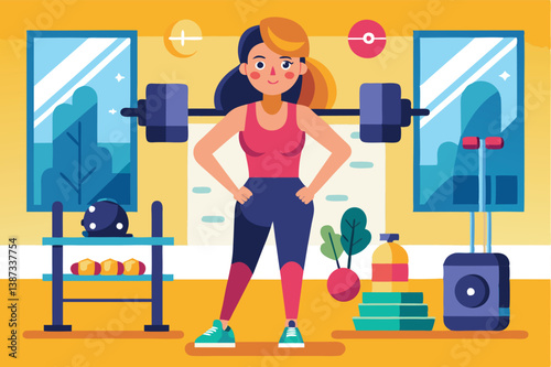 Vector illustration of a woman exercising indoors with dumbbells and fitness equipment in a brightly lit home gym setting