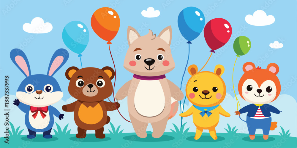 Naklejka premium Vector illustration of cheerful animals celebrating a birthday with balloons and a party atmosphere in a vibrant outdoor setting