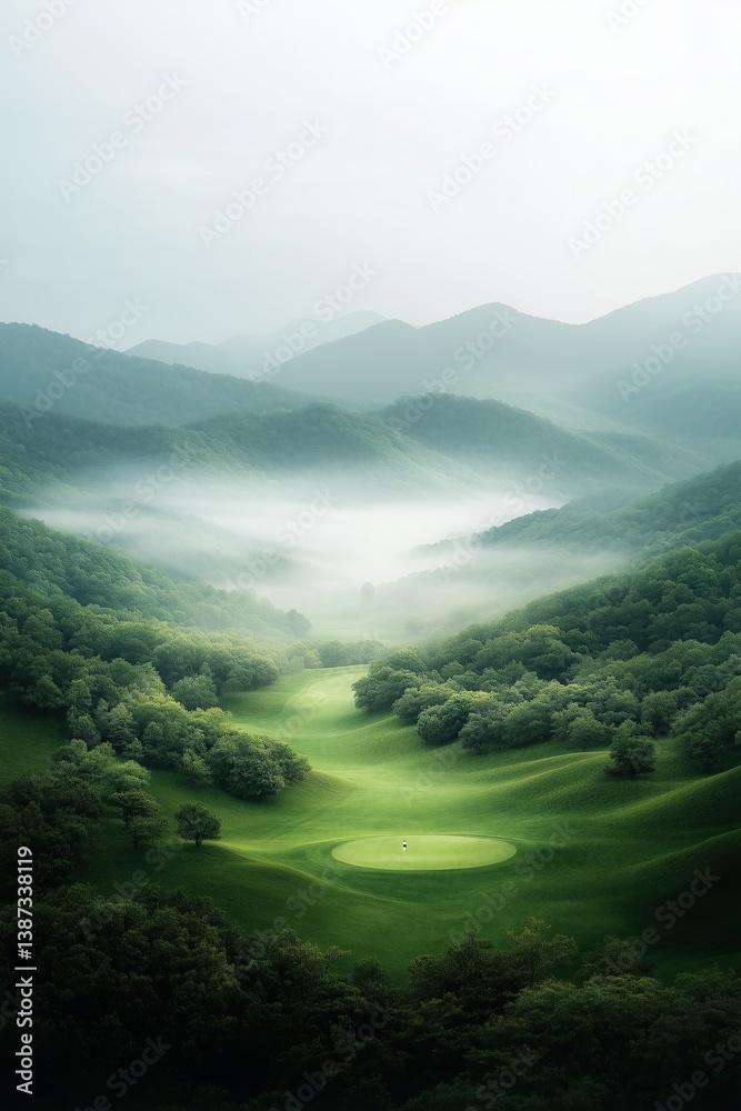 Obraz premium Beautiful misty morning over a lush green golf course nestled in the mountains
