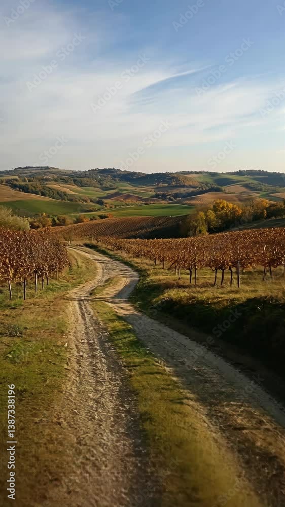 Scenic winding dirt road through vineyards in rolling hills during autumn with clear blue sky Scenic winding dirt road through vineyards in rolling hills during autumn with clear blue sky