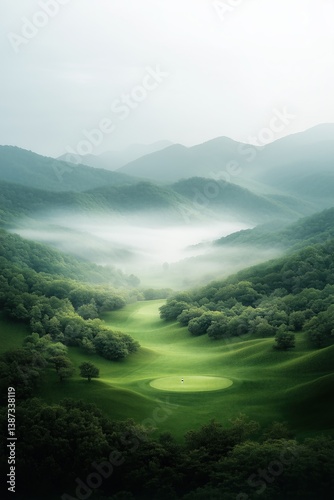 Beautiful misty morning over a lush green golf course nestled in the mountains