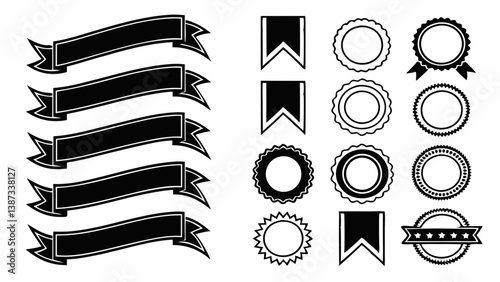 Collection of Black and White Ribbons, Banners, and Award Seals Perfect for Design Projects