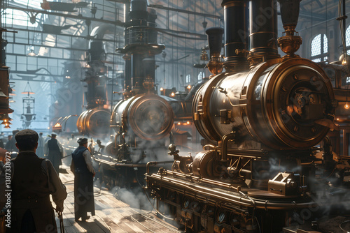 Vintage industrial revolution factory scene with steam engines.