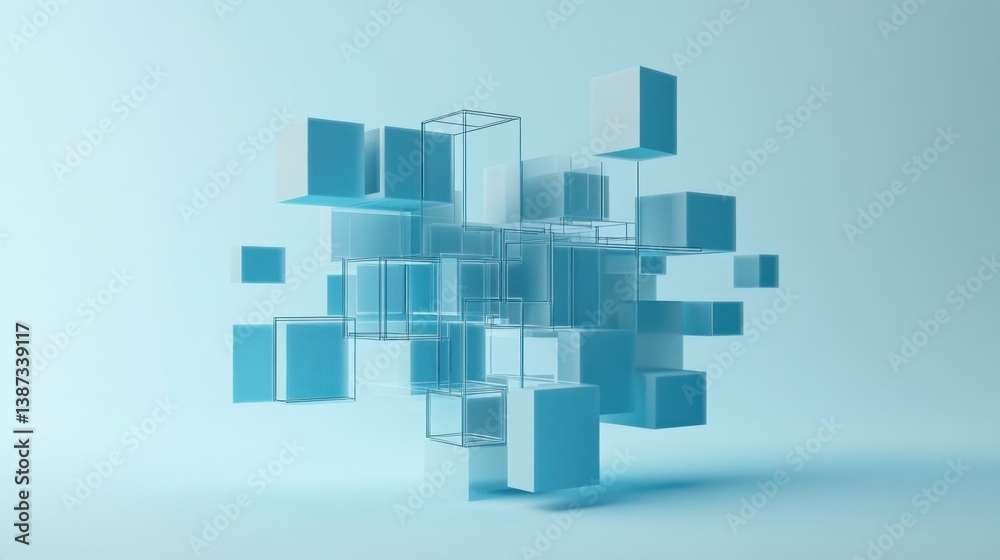 Abstract 3D geometric shapes, light blue background, graphic design concept, digital art, for website banner Abstract 3D geometric shapes, light blue background, graphic design concept, digital art, for website banner