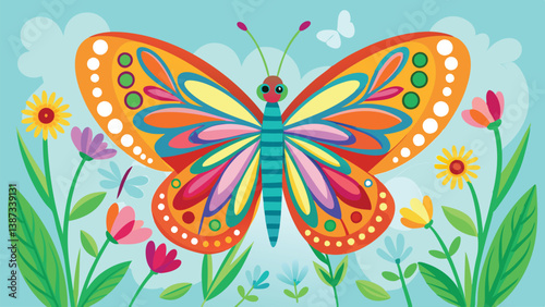 Vivid butterfly illustration perched above colorful flowers in a vibrant garden during a sunny day in springtime