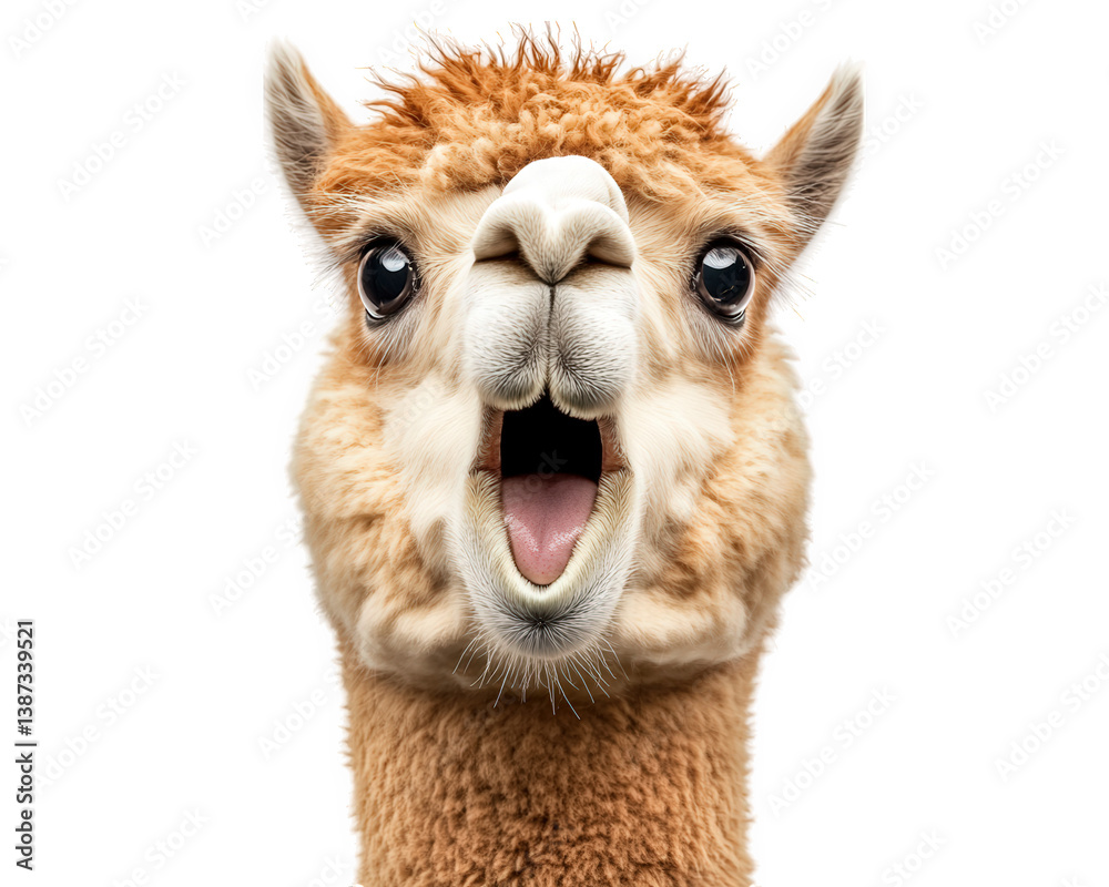 Obraz premium surprised alpaca with its mouth wide open, expressing shock and curiosity. Its fluffy fur and large, expressive eyes add to playful and humorous nature of image
