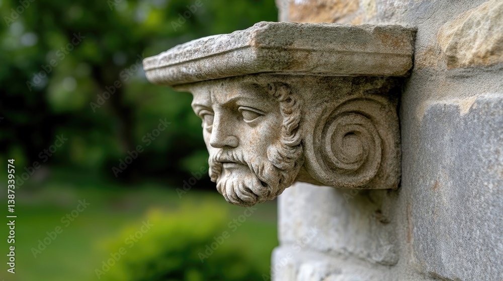 Obraz premium Ornate stone carved face, architectural detail
