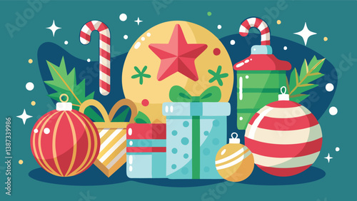 Colorful holiday decorations featuring gifts, ornaments, and candy canes creating a festive atmosphere for the winter season