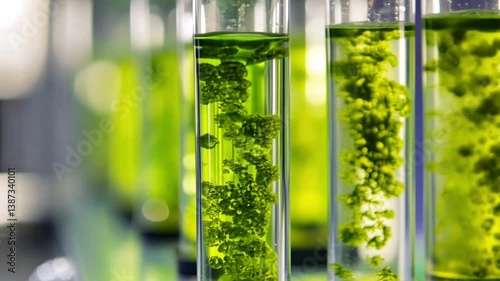 Algae in Laboratory Analysis: A detailed shot of test tubes containing vibrant green algae, symbolizing scientific exploration and breakthroughs, used in scientific research.