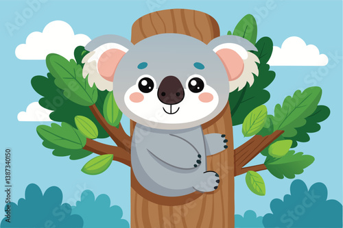 Cute koala illustration in a vibrant forest setting with a clear blue sky and fluffy clouds during the day