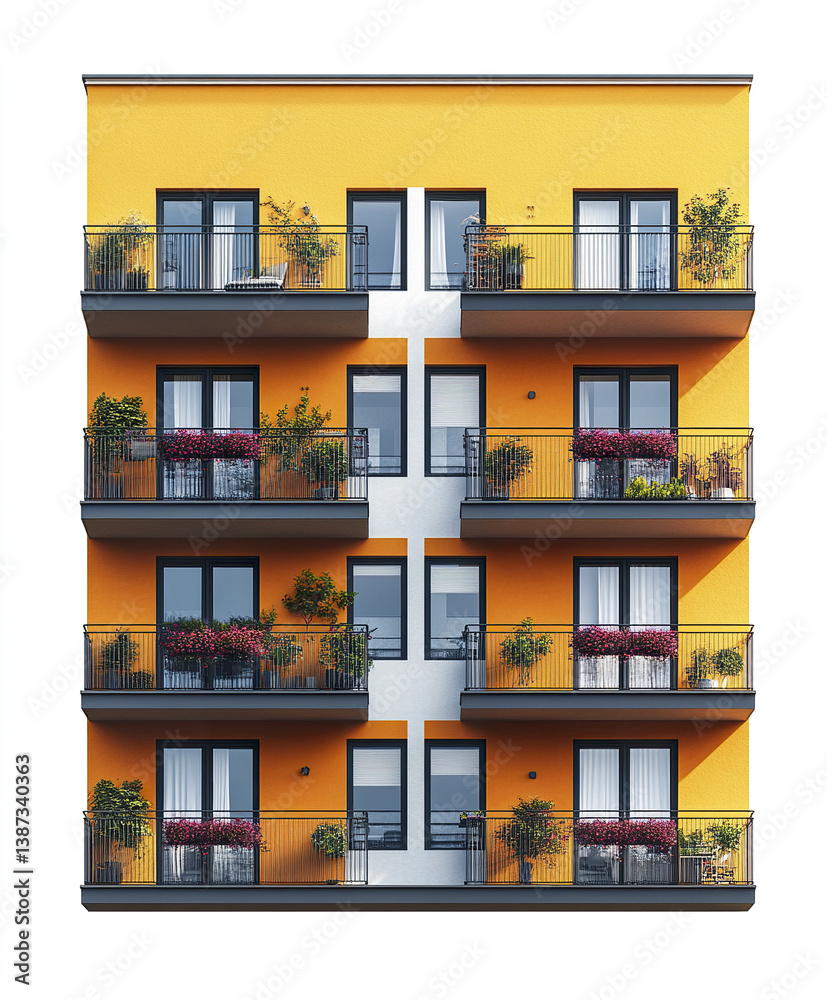 vibrant yellow apartment building with balconies adorned with plants
