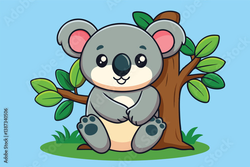 Cute koala illustration in a vibrant forest setting with a clear blue sky and fluffy clouds during the day