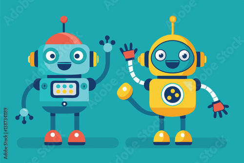 Friendly robots standing together in a colorful setting showcasing their unique designs and cheerful expressions