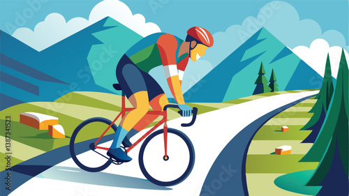 Cyclist navigating a winding road through mountains during a vibrant day in a vector illustration