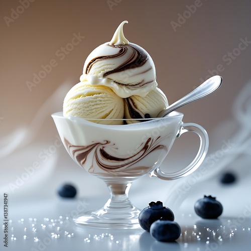 Elegant Yogurt Ice Cream Dessert with Marbled Swirl, Blueberries, and Sugar Crystals in Glass Bowl – Soft Bokeh Background, Modern Refreshing Aesthetic