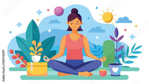 Meditation practice in a serene outdoor setting with vibrant plants and sunlight during a peaceful afternoon