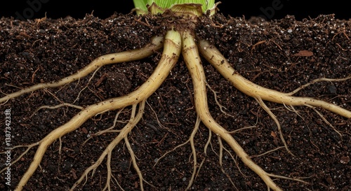 Close-up Detailed Image of Plant Roots Embedded in Dark Soil, Unveiling the Intricate Network of Fibrous Roots and Their Vital Role in Nutrient Absorption and Plant Stability photo