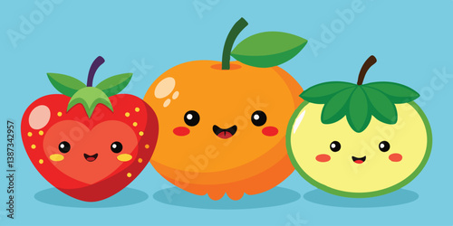 Cheerful collection of happy fruit characters showcasing joy and friendship among apples, oranges, and strawberries on a warm background