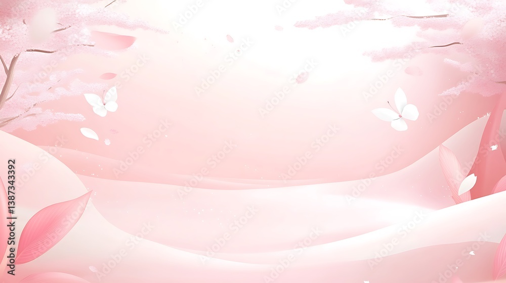 Pink blossom spring landscape, butterflies, soft light, peaceful scene, background design Pink blossom spring landscape, butterflies, soft light, peaceful scene, background design