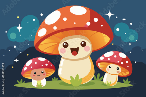 Cheerful mushrooms in a whimsical night setting with sparkling stars and cartoonish elements