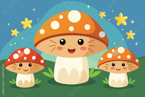 Cheerful mushrooms in a whimsical night setting with sparkling stars and cartoonish elements