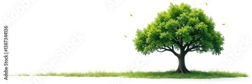 Leftward extending single tree branch on white ground, green, soil