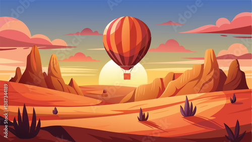 Breathtaking sunset view in the desert featuring a colorful hot air balloon soaring above the majestic mountains and sandy landscape
