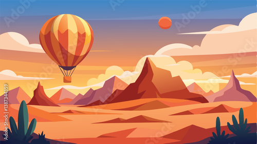 Breathtaking sunset view in the desert featuring a colorful hot air balloon soaring above the majestic mountains and sandy landscape
